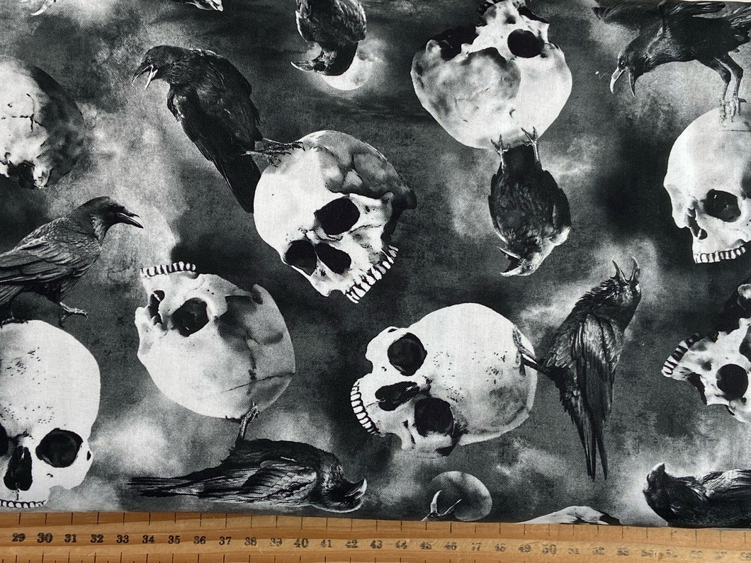 timeless treasures wicked goth gothic halloween skull crow crows black cotton fabric shack malmesbury
