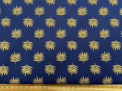 tropical metallic palm leaf navy blue cotton fabric shack malmesbury