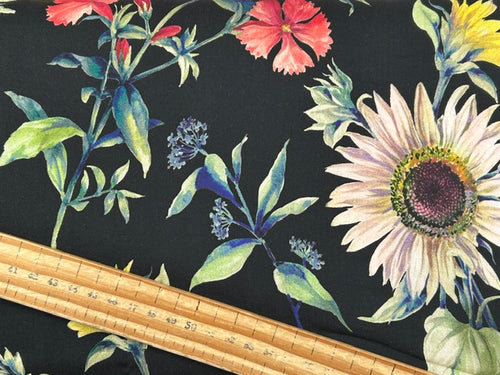  viscose rayon large floral flower black soft drapey fabric shack malmebury