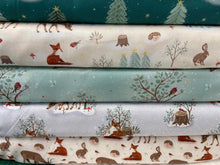 woodland christmas forest trees fox hare hedgehog robin animals cotton fabric shack malmesbury