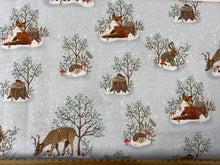 woodland christmas hidden animals grey forest trees fox hare hedgehog robin animals cotton fabric shack malmesbury