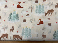 woodland christmas snowfall cream forest trees fox hare hedgehog robin animals cotton fabric shack malmesbury