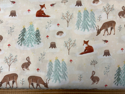 woodland christmas snowfall cream forest trees fox hare hedgehog robin animals cotton fabric shack malmesbury
