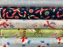 fabric shack sewing quilting sew fat quarter cotton quilt kingfisher sew simple tis the season christmas holidays polar bear ice skating candy cane snowflakes snowman green blue white 4