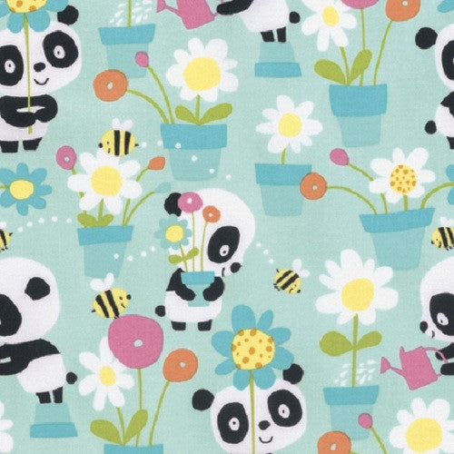 David Walker Free Spirit Panda Garden Party Flowers Bees Blue Cotton Fabric