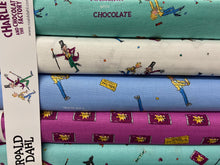 fabric shack sewing quilting sew fat quarter cotton patchwork quilt roald dahl quentin blake charlie and the chocolate factory sweeks wonka bars grandpa joe golden ticket sweets turquoise blue
