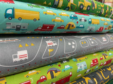 fabric shack sewing quilting sew fat quarter cotton patchwork quilt stacy iest hse moda on the go cars trucks ambulance police car lorry grass green