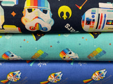 fabric shack sewing quilting sew fat quarter cotton patchwork quilt lucasfilm star wars retro rainbow droids r2d2 darth vader storm trooper c3po millenium falcon metallic bb8 mandalorian