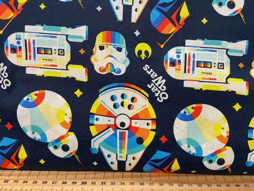 fabric shack sewing quilting sew fat quarter cotton patchwork quilt lucasfilm star wars retro rainbow droids r2d2 darth vader storm trooper c3po millenium falcon metallic bb8 mandalorian