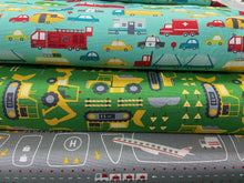 fabric shack sewing quilting sew fat quarter cotton patchwork quilt stacy iest hse moda on the go cars trucks ambulance police car lorry teal jet stream