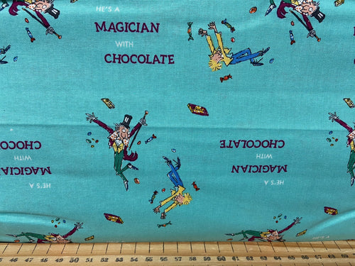 fabric shack sewing quilting sew fat quarter cotton patchwork quilt roald dahl quentin blake charlie and the chocolate factory sweeks wonka bars grandpa joe golden ticket golden ticket wonka charlie turquoise maggician