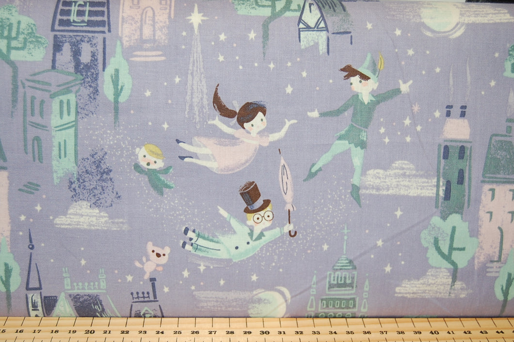 Fabric Shack Sewing Quilting Sew Fat Quarter Cotton Jill Howarth Riley Blake Neverland Peter Pan Captain Hook Wendy Darling Tinkerbell John Michael Captain Hook Fly Moon Stars Portrait  Big Ben Blue Purple Lilac