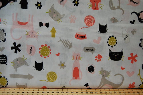 Fabric Shack Sewing Quilting Sew Fat Quarter Cotton My Minds Eye Riley Blake Meow Cats Cat Pussy Pussies Kitten Kitty Paw Good Bowl Heart Flower Fish Bones Faces Milk Black White Pink Grey Natural