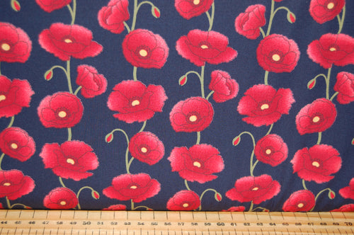 Fabric Shack Sewing Quilting Sew Fat Quarter Cotton Patchwork Dressmaking Rose Hubble Remembrance Day Poppies Poppy Navy Blue