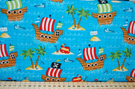 Fabric Shack Sewing Quilting Sew Fat Quarter Cotton Pirate Ship Skull Crossbones Gold Treasure Desert Island Palm Tree Shark