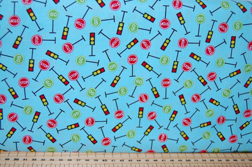 Fabric Shack Sewing Quilting Sew Fat Quarter Cotton Quilt Patchwork Dressmaking Laura Stone Studio E Off We Go Dog Rabbit Animal Balloon Car Truck Traffic Road Cones Stop Go Light Dumper Digger Lorry (5)