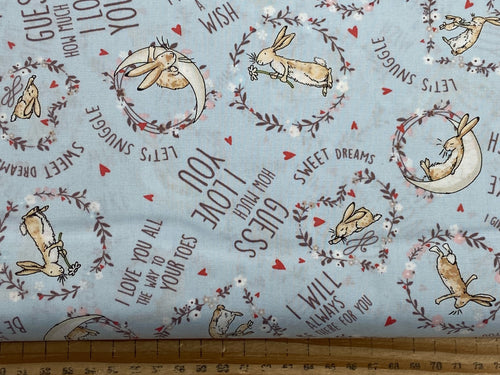 Guess How Much I Love You Fabric Shack Malmesbury Cotton Rabbits Love  Hare Bunny Moon Stars Cuddles Be There Script Blue
