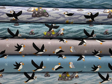 Lewis & and irene puffin bay beach sea bird rocks sea light blue baby chick cotton fabric shack malmebury