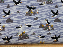 Lewis & and irene puffin bay beach sea bird rocks grey baby chick cotton fabric shack malmebury