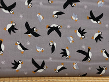 Lewis & and irene puffin bay beach sea bird rocks warm grey baby chick cotton fabric shack malmebury