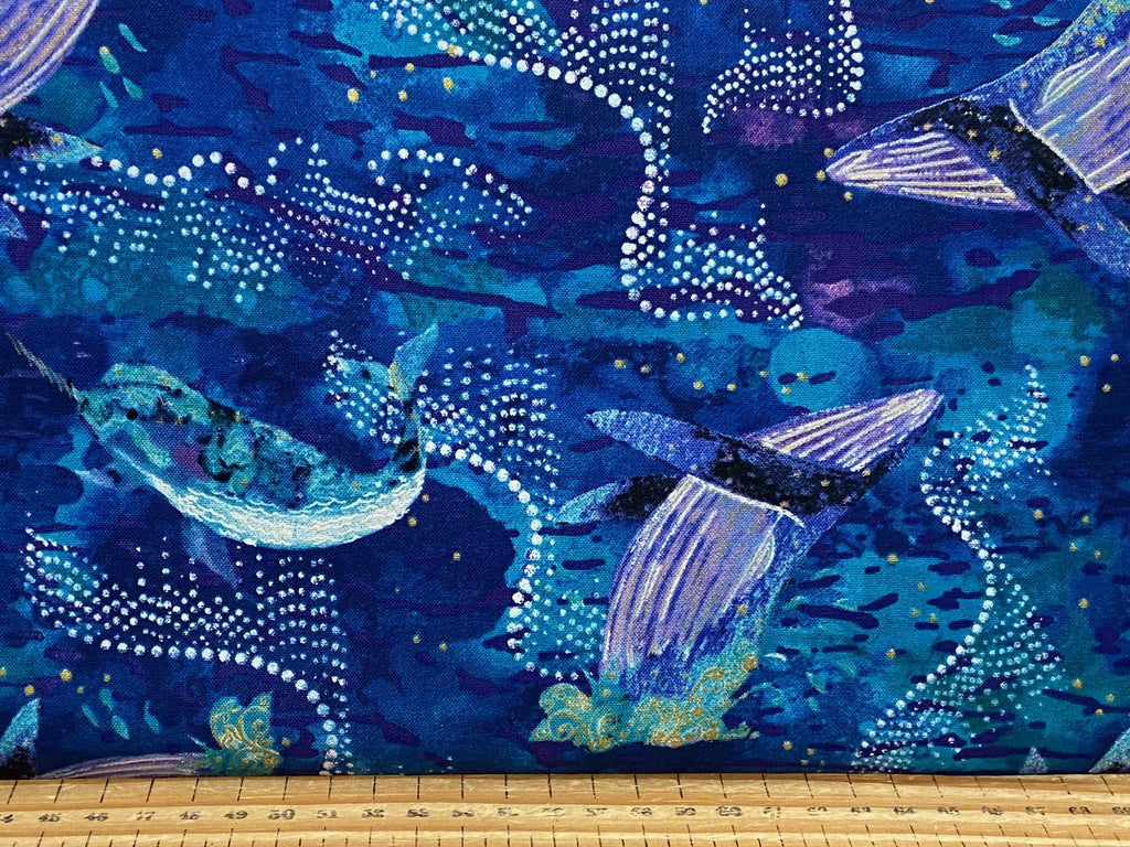 3 Wishes Arctic Wonder Whale Watch Blue Metallic Cotton Fabric by 1/4