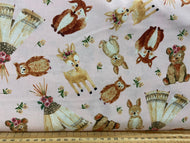 audrey jeanne roberts 3 three wishes forest friends fox scatter pink deer bear arrow floral flowers cotton fabric shack malmesbury