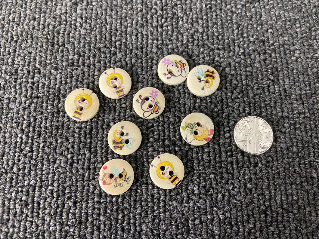 Kids Wooden Buttons Bumble Bee Cartoon 15mm Two Hole Various Characters