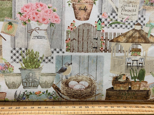 beth albert touch of spring gardening relaax garden tools seeds floral flowers cotton fabric shack malmesbury