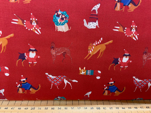 christmas dog dogs puppy puppies pug boxer terrier red fabric shack malmesbury fat quarter extra wide patchwork quilting 2