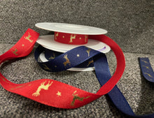 christmas ribbon trim dashing reindeer flight red navy blue 15mm fabric shack malmesbury