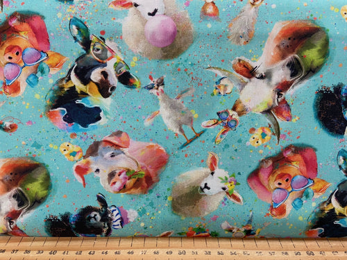 connie haley 3 three wishes welcome to the funny farm pig cow goat chicken hen chick bunny rabbit hare veggies turquoise vegetables cotton fabric shack malmesbury