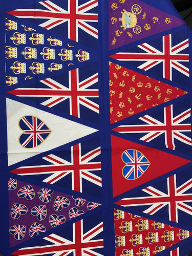 coronation day lewis irene bunting panel metallic gold crown union jack cotton fabric shack malmesbury