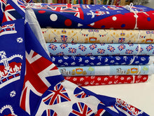 coronation  flags crowns red bus carriage palace sheild horses Stack malmesbury fabric shack