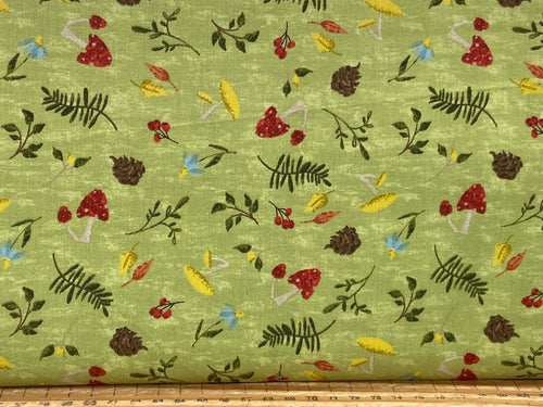 deane beesley 3 three wishes you light my way gnome nature tossed green toadstool mushroom cotton fabric shack malmesbury