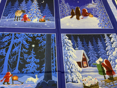 eva melhuish lewis & and irene tomtens village pillow cushion panel cotton fabric panel fox santa nisse moon christmas 5