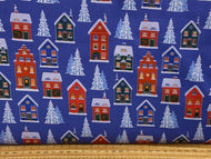 eva melhuish lewis and & Irene tomtens village christmas cotton fabric shack malmesbury tree village stocking advent calendar block placemat panel tomten village blue
