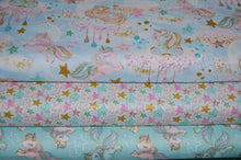 fabric shack sewing quilting sew fat quarter cotton quilt patchwork 3 three wishes unicorn sparkle unicorns clouds moon stars metallic gold light blue pink pastels (2)