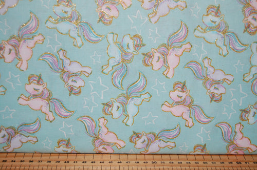fabric shack sewing quilting sew fat quarter cotton quilt patchwork 3 three wishes unicorn sparkle unicorns clouds moon stars metallic gold light blue pink pastels (4)