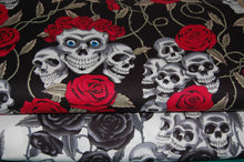 fabric shack sewing quilting sew fat quarter cotton quilt patchwork rose & and hubble poplin skulls skeleton roses goth gothic emo macabre halloween flowers