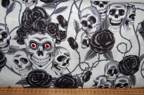 fabric shack sewing quilting sew fat quarter cotton quilt patchwork rose & and hubble poplin skulls skeleton roses goth gothic emo macabre halloween flowers