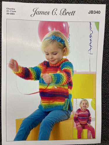 fabric shack knitting crohet knit yarn wool pattern james c brett chunky party time jb340 jumper sweater kids childs