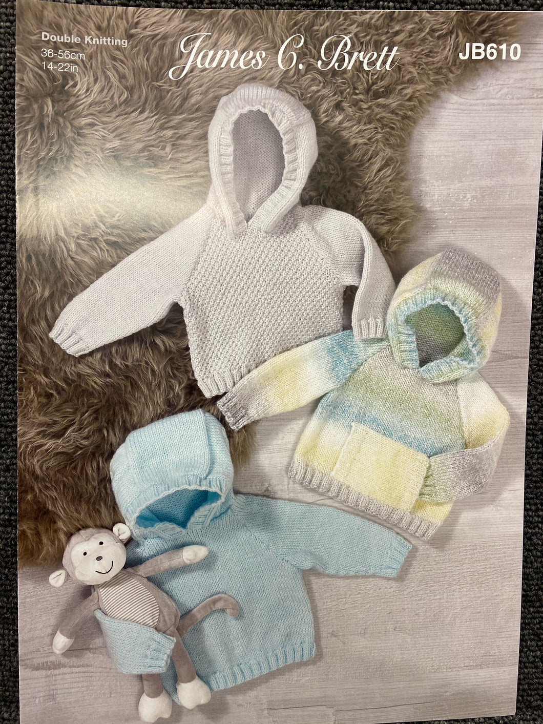 fabric shack knitting crohet knit yarn wool pattern james c brett double knitting dk jb610 hoodie sweatshirt baby childs kids