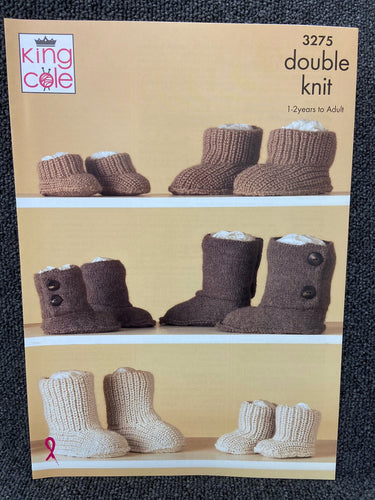 fabric shack knitting crohet knit yarn wool pattern king cole double knit dk hug slippers baby adult child 3275