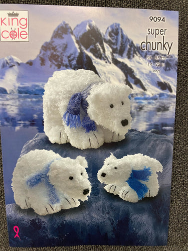 fabric shack knitting crohet knit yarn wool pattern king cole super chunky tufty polar bear 9094