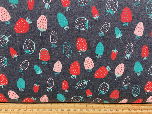 Cotton Poly T-Shirt Jersey Knit Strawberries Fabric Dark Grey by 1/2 Metre