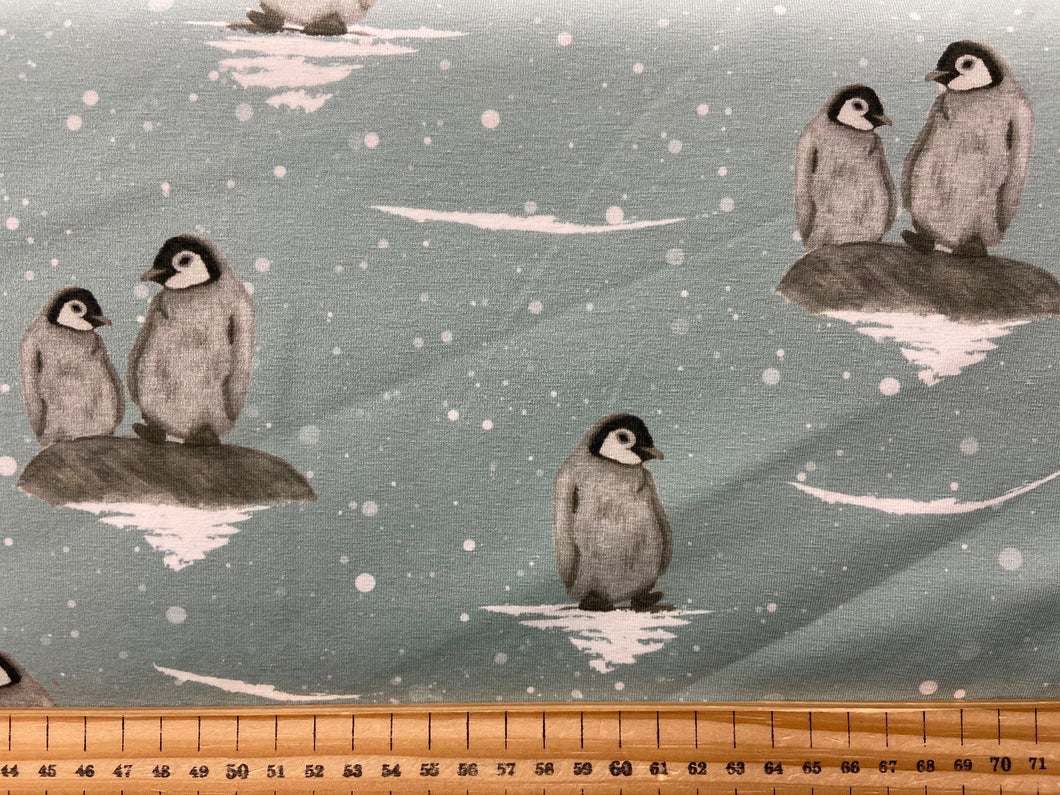 fabric shack sewing dressmaking sew organic jersey knit christmas cleo stretch penguins grey snow snowflake