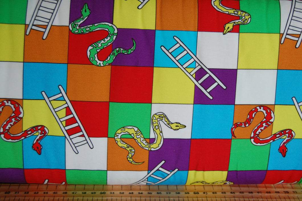 fabric shack sewing quilting sew cotton quilt patchwork dressmaking cleo fabrics gots certified global organic textile standard organic jersey snakes & and ladders multi board game classic