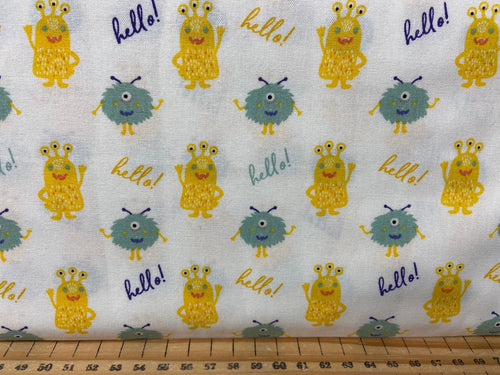 fabric shack sewing quilting sew fat quarter cotton patchwork cotton quilt craft cotton company co visage cute cutest little monster monsters hello roar friendly purple sun 2