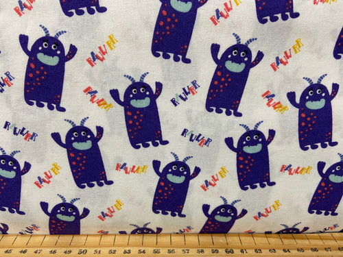 fabric shack sewing quilting sew fat quarter cotton patchwork cotton quilt craft cotton company co visage cute cutest little monster monsters hello roar friendly purple sun 4
