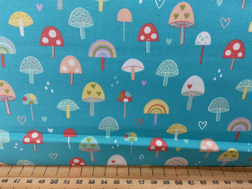 fabric shack sewing quilting sew fat quarter cotton patchwork quilt abi hall moda hello sunshine mushroom toadstool rainbow cherry cherries teal 3